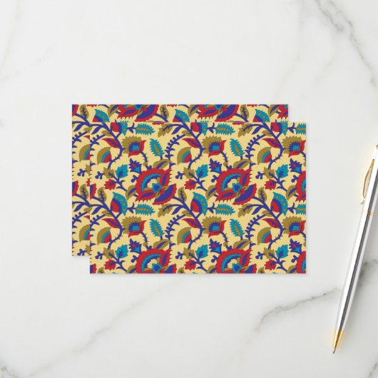 Een levendig textiel kunstwerk met vet rood, ja RSVP kaartje (Voorkant / Achterkant in situ)