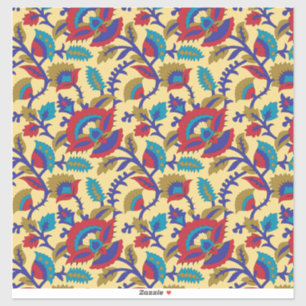 Een levendig textiel kunstwerk met vet rood, ja sticker