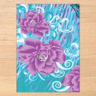 Een levendig textielontwerp met paars en turquoise acryl uitnodigingen