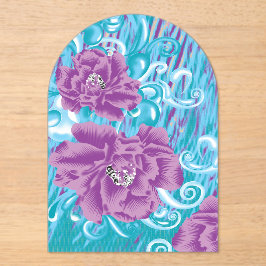 Een levendig textielontwerp met paarse en turq acryl uitnodigingen