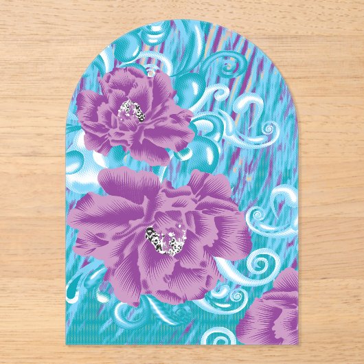 Een levendig textielontwerp met paarse en turq acryl uitnodigingen (Voorkant)