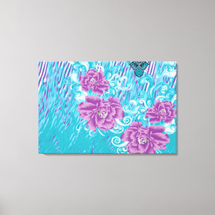 Een levendig textielontwerp met paarse en turq canvas afdruk