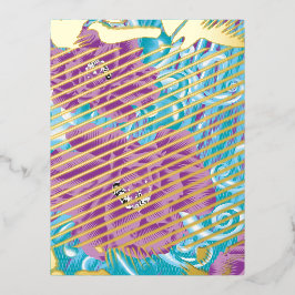 Een levendig textielontwerp met paarse en turq folie feestdagen briefkaart
