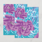 Een levendig textielontwerp met paarse en turq informatiekaartje (Voorkant / Achterkant)