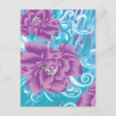 Een levendig textielontwerp met paarse en turq informatiekaartje (Achterkant)