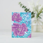 Een levendig textielontwerp met paarse en turq informatiekaartje (Staand voorkant)