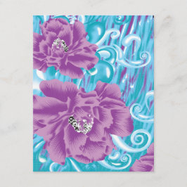 Een levendig textielontwerp met paarse en turq informatiekaartje