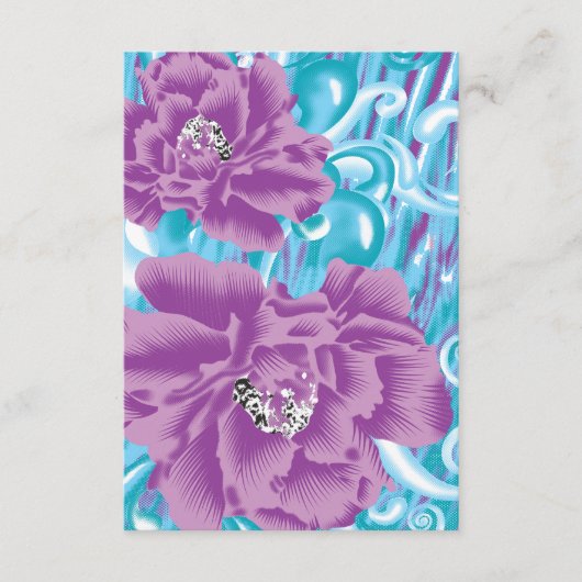 Een levendig textielontwerp met paarse en turq informatiekaartje (Voorkant)