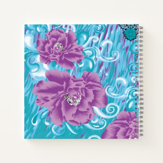 Een levendig textielontwerp met paarse en turq notitieboek (Achterkant)