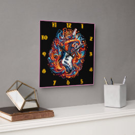 Een levendige elektrische gitaar barst van de ener vierkante klok