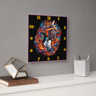 Een levendige elektrische gitaar barst van de ener vierkante klok