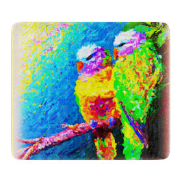 Een levendige en vrolijke regenboogvogels. Bestel  Snijplank