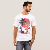 Een levendige flamingo staat sierlijk op een zonni t-shirt (Voorkant volledig)
