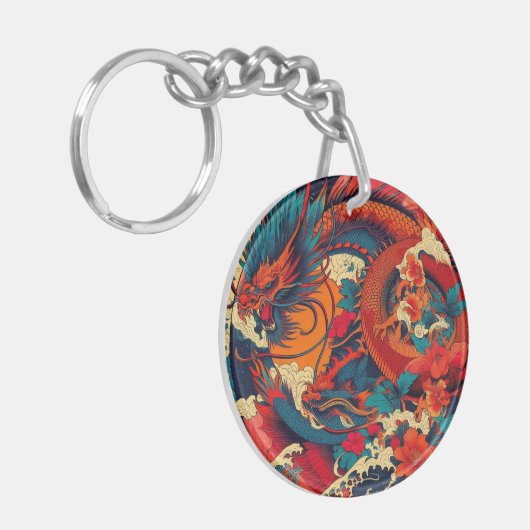 Een levendige, gestileerde ukiyo-e print sleutelhanger (Voorkant Links)