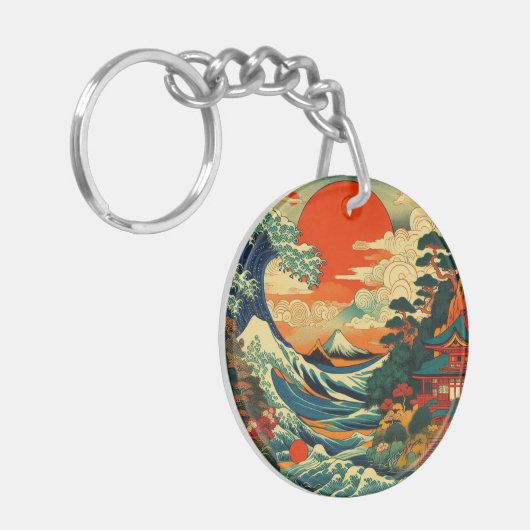 Een levendige, gestileerde ukiyo-e print sleutelhanger (Voorkant Links)