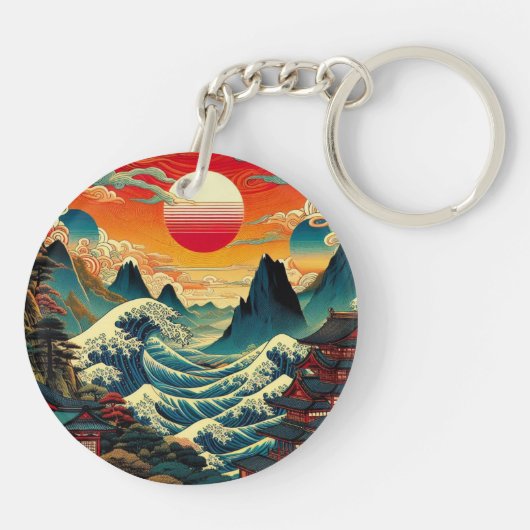 Een levendige, gestileerde ukiyo-e print sleutelhanger (Achterkant)