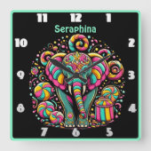 Een levendige olifant omringd door kleurrijke snoe vierkante klok (Voorkant)