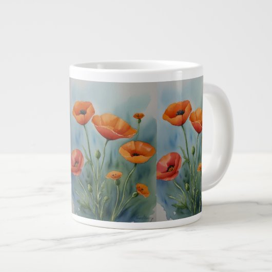 Een levendige oranje klaproos dansen in de wind. grote koffiekop (Voorkant rechts)