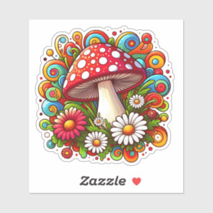 Een levendige paddestoel omringd door kleurrijke b sticker