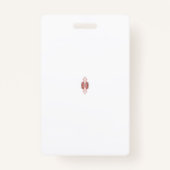 Een levendige rode afbeelding is voorzien van een  badge (Achterkant)