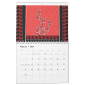 Een levendige rode en zwarte sjaal versierd met ee kalender (Feb 2027)