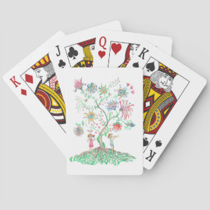 Een levendige tekening toont een fantasieboom pokerkaarten