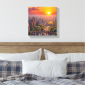 Een Levendige Zonsondergang Boven een Divers Stads Canvas Afdruk (Insitu (Slaapkamer))