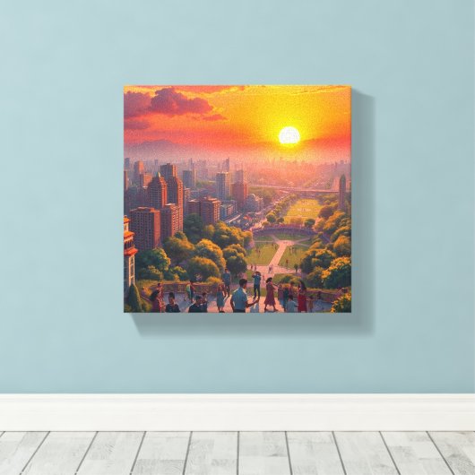 Een Levendige Zonsondergang Boven een Divers Stads Canvas Afdruk (Insitu (Houten vloer))