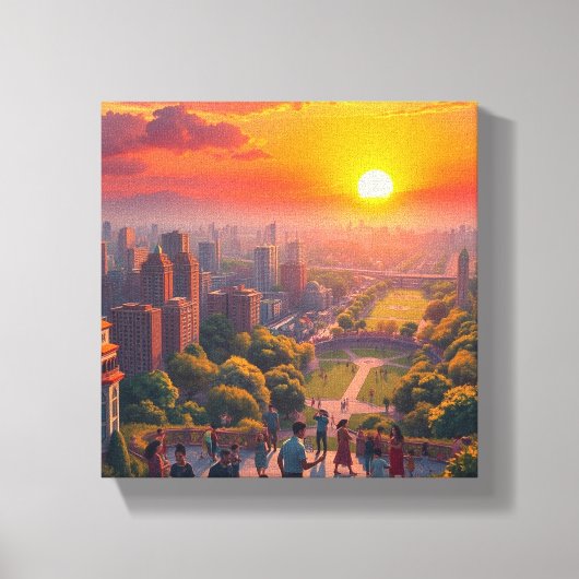 Een Levendige Zonsondergang Boven een Divers Stads Canvas Afdruk (Voorkant)