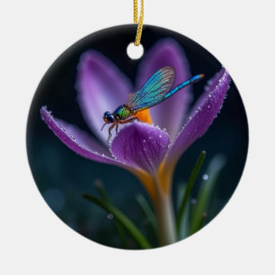 Een libel op een krokusbloem keramisch ornament