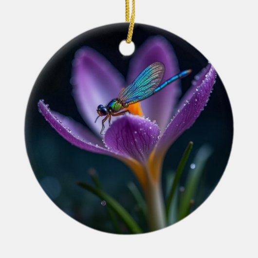 Een libel op een krokusbloem keramisch ornament (Voorkant)