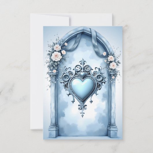 Een  lichtblauwe boog met florale accenten, bedankkaart (Achterkant)