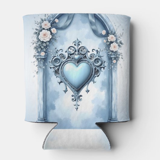 Een lichtblauwe boog met florale accenten, blikjeskoeler (Achterkant)