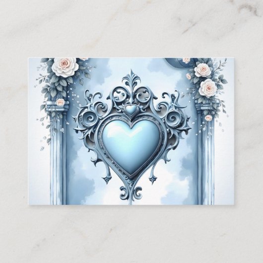 Een lichtblauwe boog met florale accenten, informatiekaartje (Achterkant)