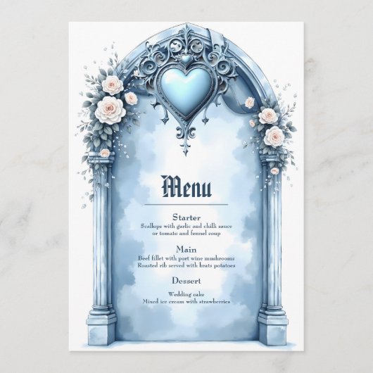 Een lichtblauwe boog met florale accenten, menu (Voorkant)
