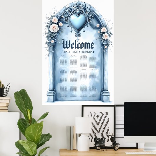 Een  lichtblauwe boog met florale accenten, poster (Thuiskantoor)