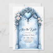 Een lichtblauwe boog met florale accenten, save the date (Voorkant)
