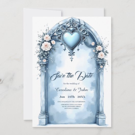 Een lichtblauwe boog met florale accenten, save the date (Voorkant)