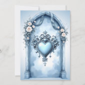 Een lichtblauwe boog met florale accenten, save the date (Achterkant)