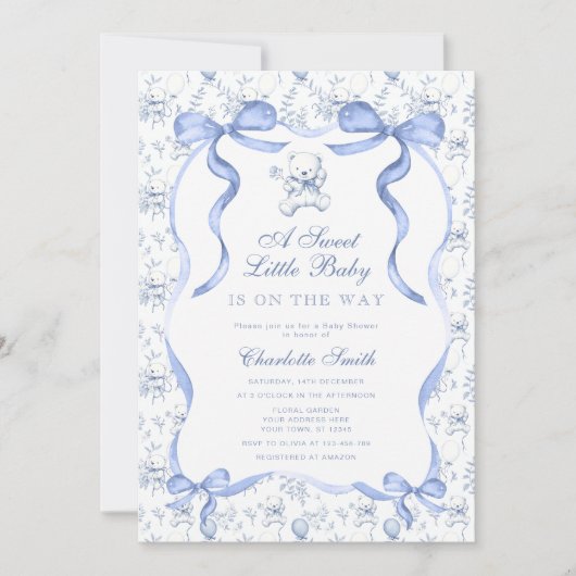Een lief klein Baby Toile Beer blauw Baby shower Kaart (Voorkant)