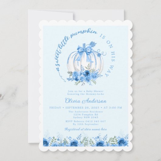 Een lief klein pompoen boog blauw Baby shower Kaart (Voorkant)