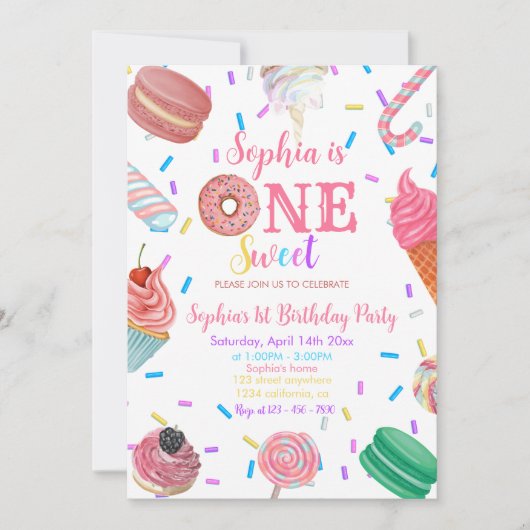 Een lief meisje donut roze dessert 1e verjaardag kaart (Voorkant)