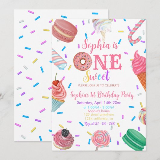 Een lief meisje donut roze dessert 1e verjaardag kaart (Voorkant / Achterkant)