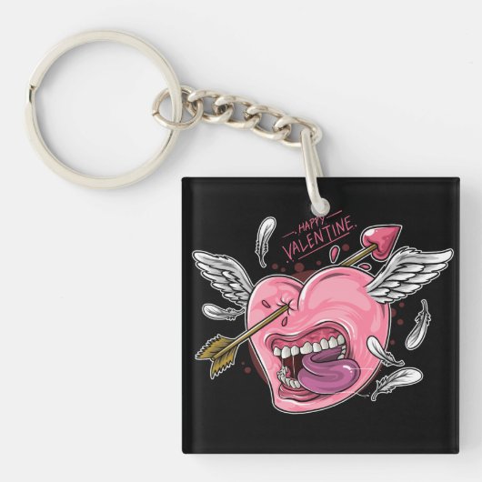 Een liefdeshart met lippen en vleugels die worden  sleutelhanger (voorkant)