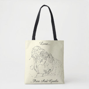 Een liefhebbende tekening van een meisje dat een k tote bag