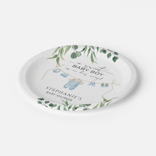 Een lieve baby jongen is onderweg Laundry Blue Papieren Bordje (Gekanteld)