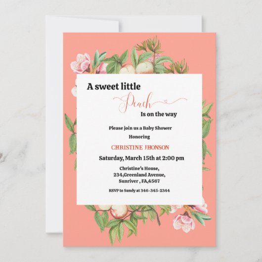 Een lieve kleine perzik baby shower uitnodiging (Voorkant)