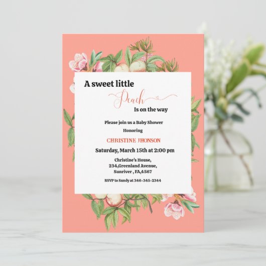 Een lieve kleine perzik baby shower uitnodiging (Staand voorkant)