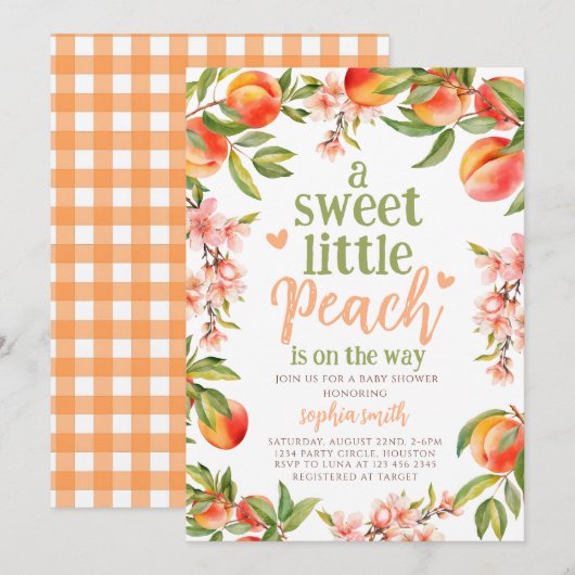 Een lieve kleine perzik is op weg naar het baby sh kaart (Voorkant / Achterkant)