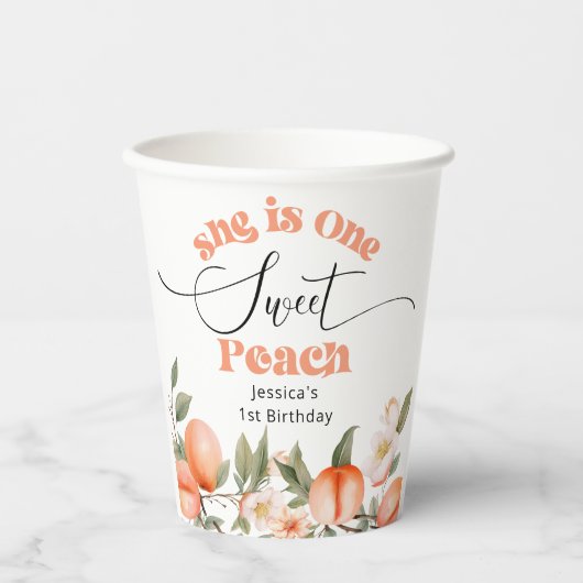 Eén lieve perzik waterverf 1e verjaardag papieren bekers (Voorkant)